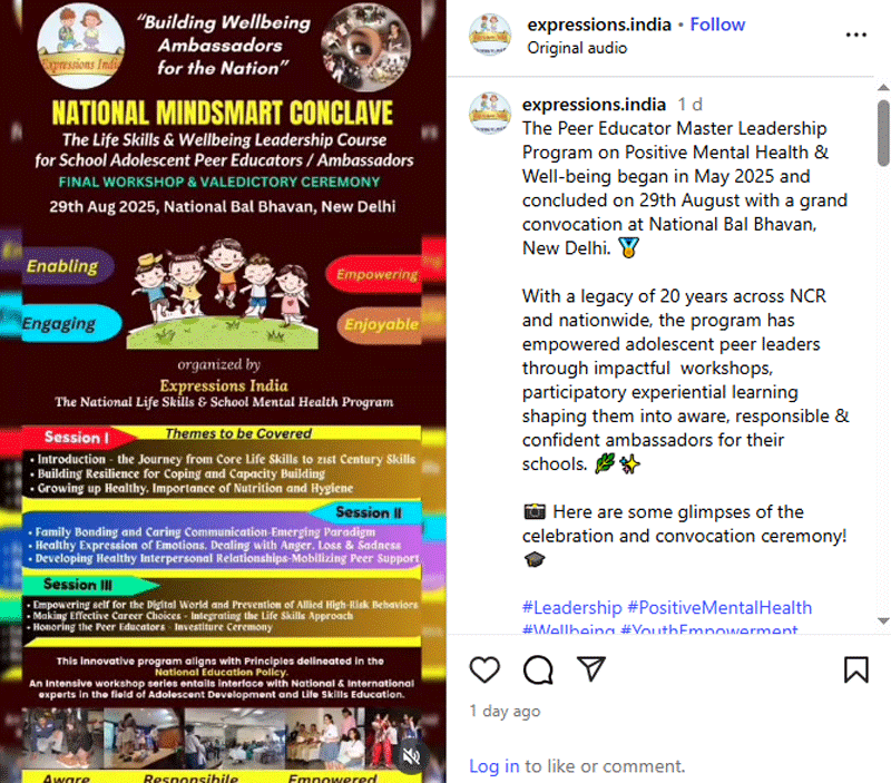 Expressions India: The Peer Educator Master Leadership Program on Positive Mental Health and Well-being - May 2025 to 29 August 2025 - Cick to Enlarge